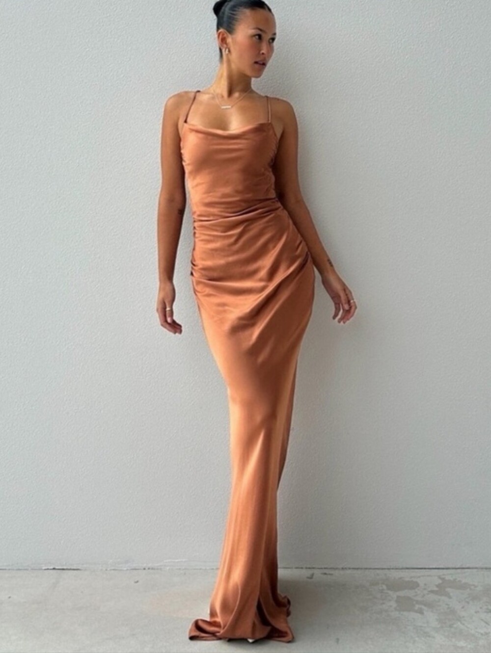 Shona Joy Bronze Cowl Neck Satin Maxi Dress Womens 6 Bronze Slit